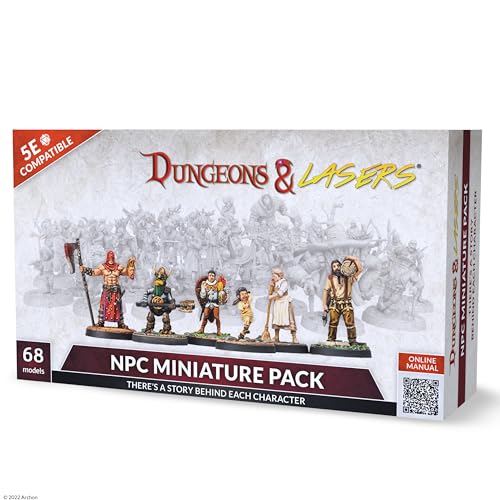 Dungeons & Lasers NPC DND Miniatures Pack - 68 Figurines with Scenic Bases for 5E Compatible Tabletop RPG Games - 28MM Unpainted and Unassembled - for Ages 14 Years +