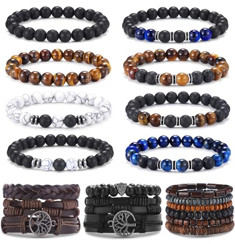 FIRAZIO Tiger Eye Bracelet For Men 8MM Natural Stone Stretch Adjustable Tree of life Leather Bracelets Mens Accessories Pulseras Para Hombres Crystal Beaded Bracelet for Men Women Gifts