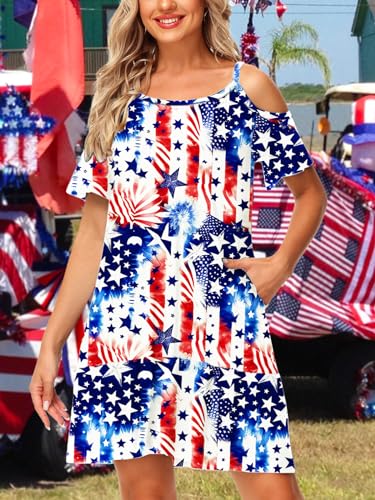 Image of Deerose Womens 4th of July Dresses Cold Shoulder American Flag Tie Dye A-Line Dress with Pockets