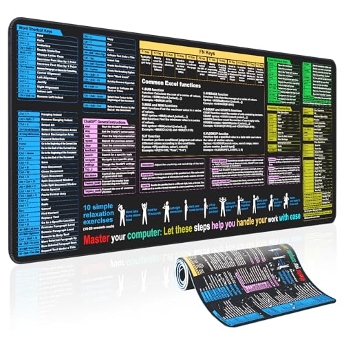Waterproof Desk pad—Excel Cheat Sheet Desk pad—Contains Various commonly Used Office Software Such as Excel, Word, etc—Large XL Mouse pad Gaming|Office Keyboard pad|Computer mat with excel Shortcuts