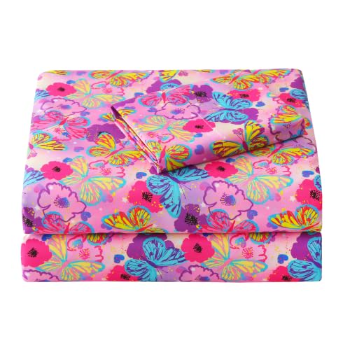 Image of Viviland 3 Pieces Girls Butterfly Twin Sheet Set - Soft Microfiber Fitted Flat Sheets & Pillowcase Bed Sheet Set - Pink Butterfly Bedding Sets for Kids