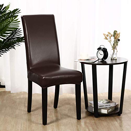Hooshing-6-Pack-Waterproof-Dining-Chair-Covers-PU-Leather-Stretch-Chair-Protector-Parsons-Chair-Slipcover-for-Dining-RoomBrown Hooshing 6 Pack Waterproof Dining Chair Covers PU Leather Stretch Chair Protector Parsons Chair Slipcover for Dining RoomBrown