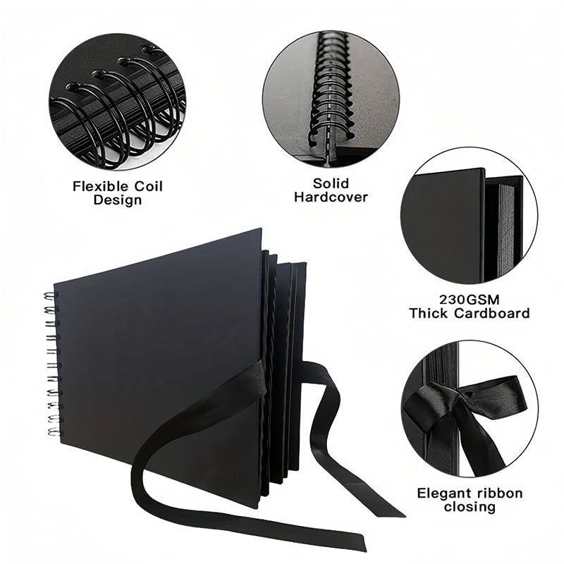 Álbum de recortes de 60 páginas, libro de fotos de 6 x 8 pulgadas, libro de recuerdos de papel kraft de 230 g/m2, suministros para diario de viaje y álbumes de recortes para regalos de cumpleaños y festividades, y almacenamiento de fotos, negro miniatura 3