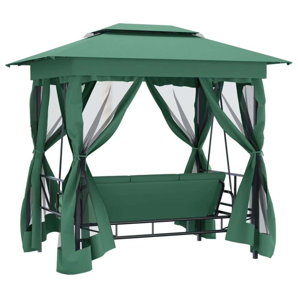 Columpio Jardín Exterior, Balancín de Jardín 3 Plazas con Techo y Cojines, Convertible en Cama, Marco de Acero, para Balcón, Terraza, Patio, 223 x 153 x 233 cm, Grün