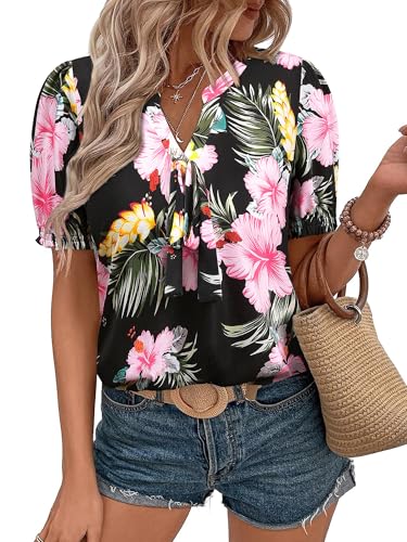 ZXZY Women Hawaiian Print Puff Short-Sleeve Bow Tie V Neck Dressy Tops T-Shirt Blouse