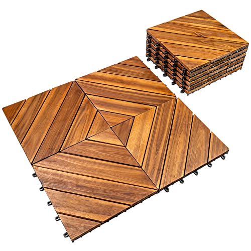 Solid Wood Interlocking Flooring Tiles (Pack of 10, 12" x 12"), Acacia Deck Tiles, Floor Tiles for Both Indoor and Outdoor Use, Waterproof All Weather (6 Slat New. Natural Color)