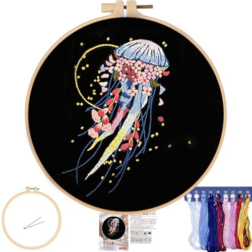 FONNUY Crewel Embroidery Kit for Beginners, Pre-Stamped Pattern Kits for Adults with Hoop, Easy to Follow Color Thread Needlework, 8'' Hoop (Jellyfish A)