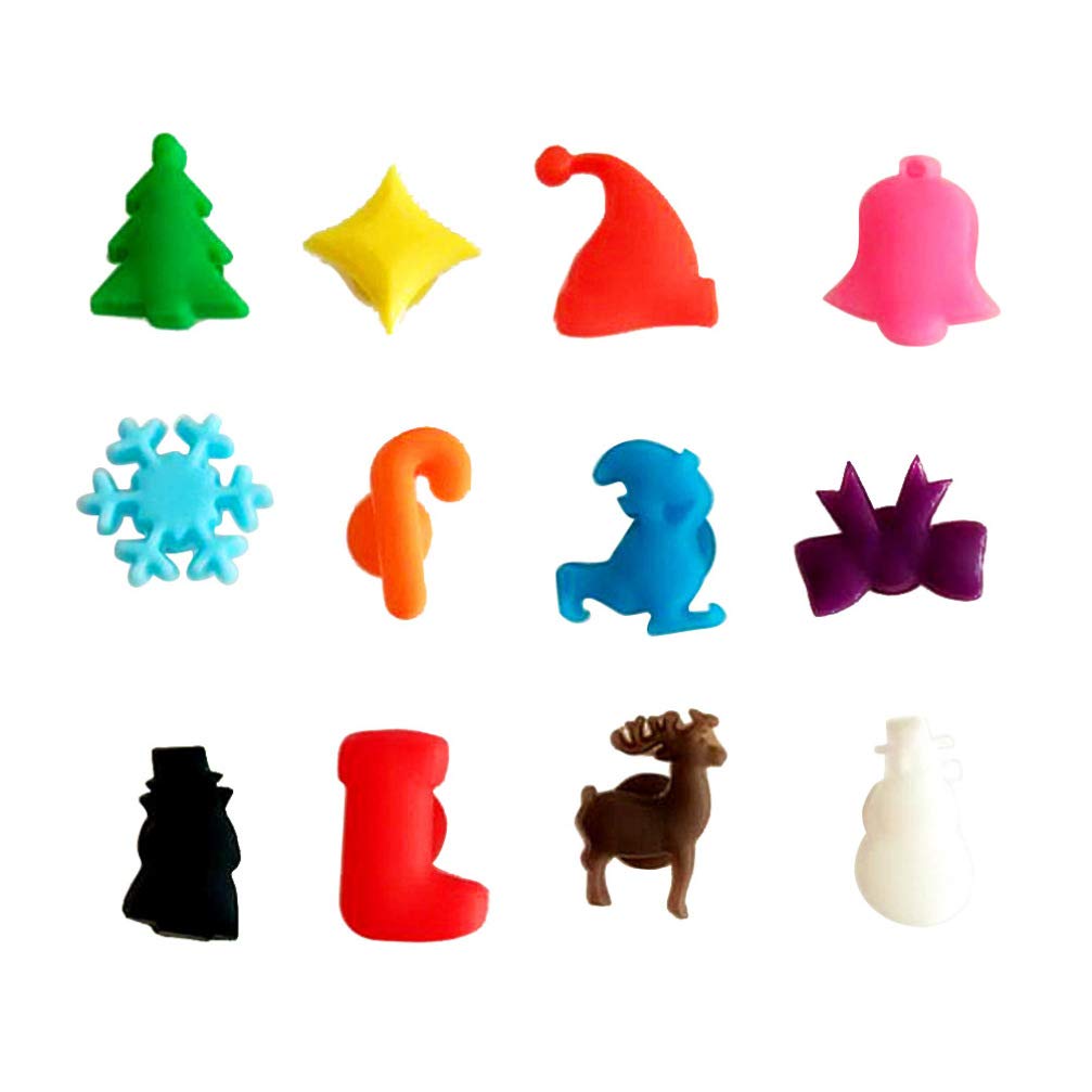 Cabilock 12pcs Christmas Wine Glass Markers Silicone Holiday Cocktail Drink Charms Markers with Suction Cup for Goblet Flutes Cocktails Guests Hostess Christmas Stocking Stuffer