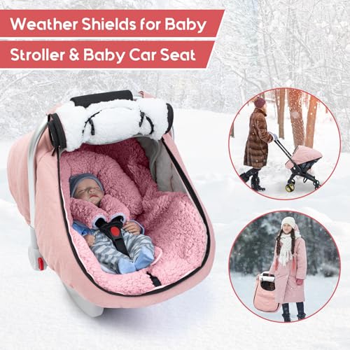 Image of Winter Baby Car Seat Cover, Waterproof Carseat Cover with Zipper Peep Window, Warm Sherpa Fleece Lining, Universal Infant Car Seat Canopy Stroller Cover for Rain Snow Cold Weather (Pink)