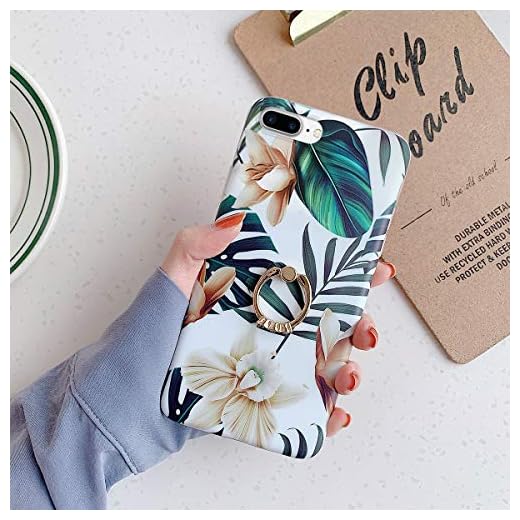 JAWSEU Blommor telefonfodral kompatibelt med iPhone 8 Plus med ringstativ, TPU silikon mjukt skyddande fodral fodral söta blommor blommönster stötsäkert stötfångare fodral för iPhone 7 Plus-3