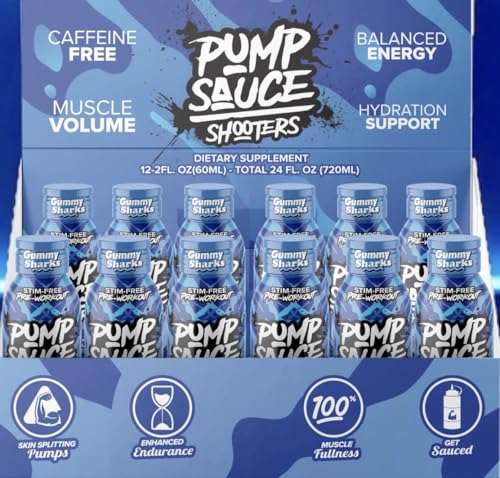 Pump Sauce Shooters Gummy Sharks 2 oz Bottles (Pack of 12) - Pre Workout No Caffeine Full Spectrum Liquid Gluten Free Vegan Zero Sugar