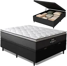 Cama Box Baú Casal Colchão Molas Ensacadas Maximus 138x188x65cm Cinza/Preto Gazin - Suporta até 120kg por Pessoa