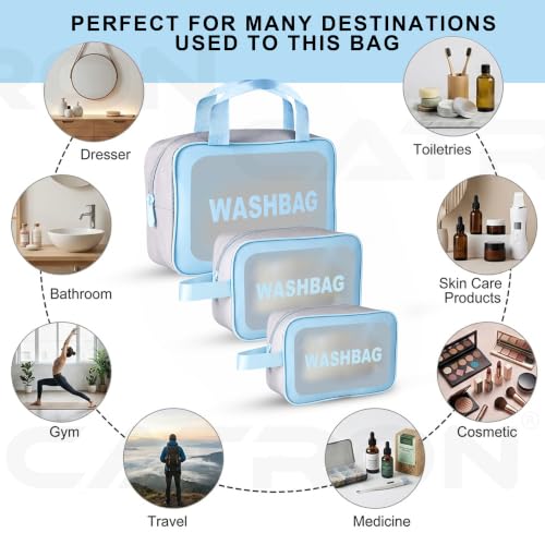 Image of CATRON Makeup PVC Water-Resistant Cosmetic Bag Set 3 Wash Bag Pouch for Multifunctional Travel Kit Toiletry Bag Portable Organizer Case Carry Pouch for Women Bathroom Set (Blue)