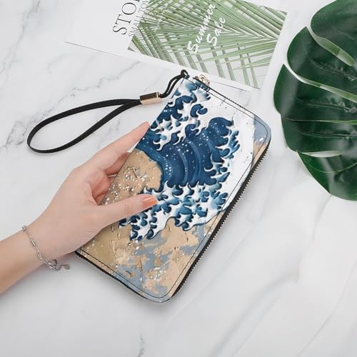 The Great Wave of Kanagawa Art Long Wallet PU Leather Credit Card Holder Purse Coin Pocket with Hand Strap4