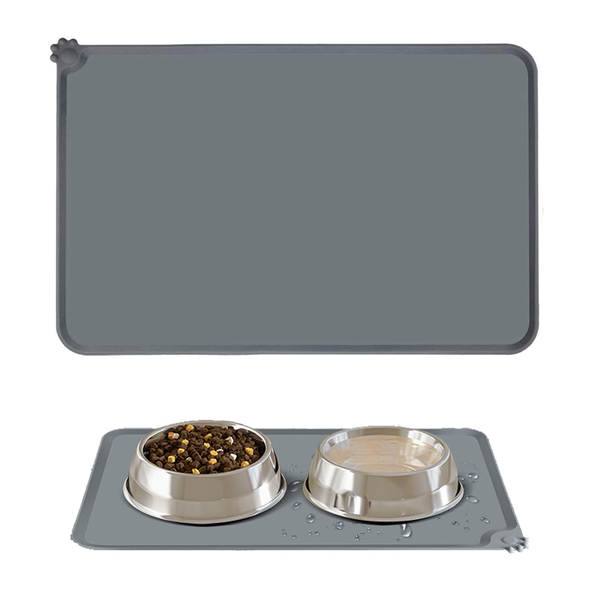 Pet Waterproof Feeding Mat Tray, 47x30 cm Silicone Dog Cat Bowl Mat Dog Food Mat Silicone Non Slip Place mat for Pet Food (Grey)