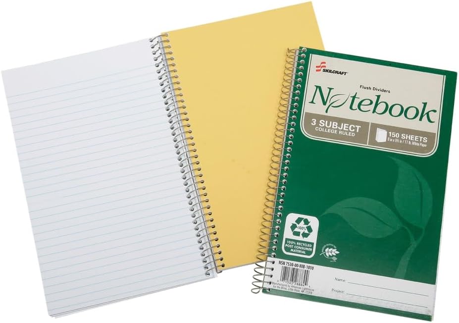 SKILCRAFT 7530-01-600-2020 100 Percent Recycled PCW 3-Subject Spiral Notebook, 6 x 9-1/2 Inch, 150 Sheets (Pack of 3)