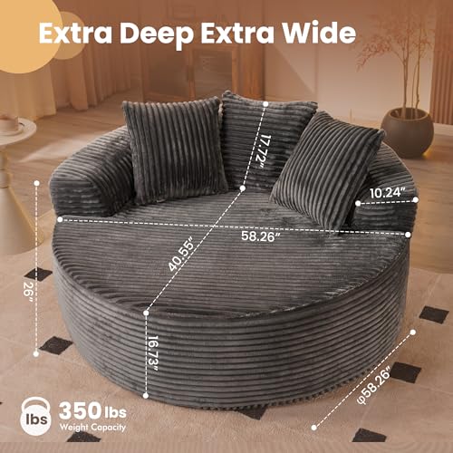 Image of HOOOWOOO Cloud Round Couch for Living Room,Oversized Single Sofa No Assembly,Matching Plush Corduroy Chaise Lounge Accent Chair for 1 to 2 Persons(Gray)
