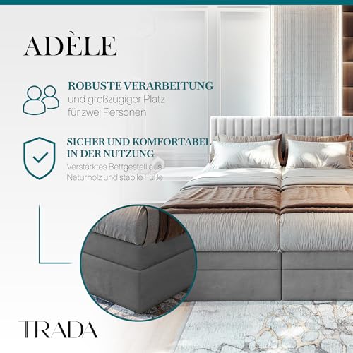 TRADA Boxspringbett ADÈLE 140 x 200 cm – elektrische Bett mit Matratze + Tooper und Bettkasten - Stoffbezug Veloursstoff - Hellgrau - 140 x 200 cm – Bild 4