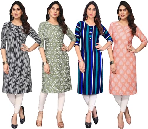 Image of JAKHANA Women's Crepe Printed Casual Straight Calf Length Round Nick Kurta Pack of 4