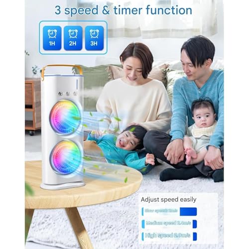 Image of Drumstone (๐๐+๐ ๐ฌ๐ฒ๐ฎ๐ฟ๐ Warranty 4000mAh Double Spray Mist Fan | Rechargeable Cold Air Desk Fan with 280ml Water Tank | 3 Speed & Mist Modes | USB-C, Remote Control, 7-Color LED Light (WHITE)