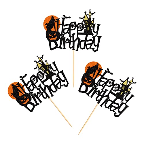 Cyodoos Halloween Cake Topper Happy Birthday Sign Cake Decorations For Halloween Wizard Ghost Zombie Pumpkin Bat Spider Birthday Party Supplies Black Sparkle Decor #TOP2