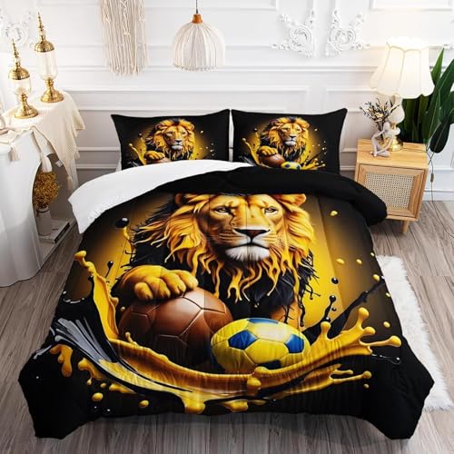 NDXRWDZR 布団カバー シングル 黄色いライオン 布団セット 3点セット通気性 抗菌 防臭 ポリエステル 布団カバー 150x210 cm + 2 枕カバー 43x63 cm