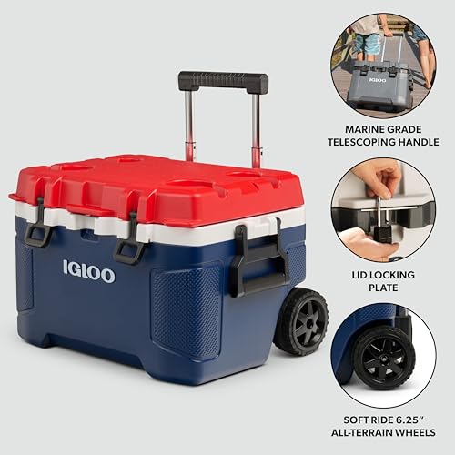 Image of Igloo Trailmate 52Qt Wheeled Cooler, Insulated Hard Shell Ice Chest, Americana