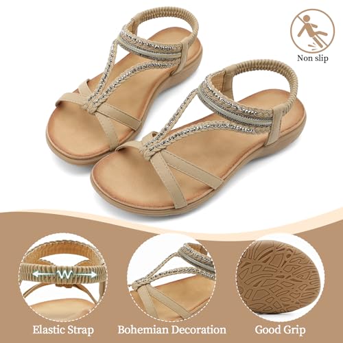 Image of UBFEN Womens Bohemian Flat Sandals With Back Strap Summer Beach Comfortable Bling