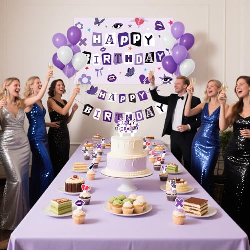 Image of Grencian Purple Birthday Decorations for Women Girls Happy Birthday Backdrop Banner Balloons Cake Toppers for Music Fans Gathering Themed Celebrations Purple Party Supplies