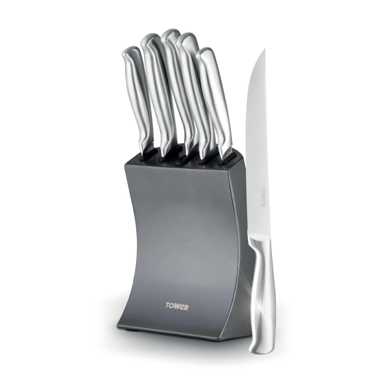 Tower Core 5 Piece Knife Set with Weighted Steel Block, High Grade Polished Stainless Steel, Fine Edge Precision Blades, Ergonomic Handles, Titanium, T81537TNM