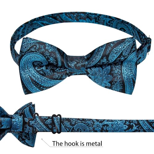 Set de corbata de moño, pañuelo y gemelos paisley azul miniatura 4