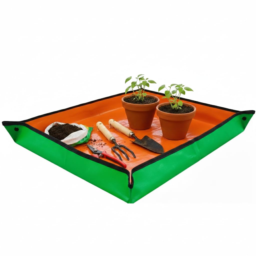 CINAGRO Gardening Mat 75×100 cm, Waterproof, Foldable 260 GSM HDPE Potting Mat with Snap Buttons, Reusable Soil Mixing, Planting Plant Care for Gardening, DIY Crafts, Green-Orange-image-1