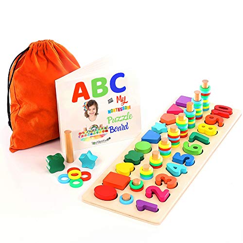 TOYVENTIVE Wooden Shapes Number Puzzle - Preschool Educational Toddler Learning Montessori Toys for Toddlers | Wood Puzzles Sorting Toys for Kids | Gifts for 3, 4 Year Old Boy and Girl