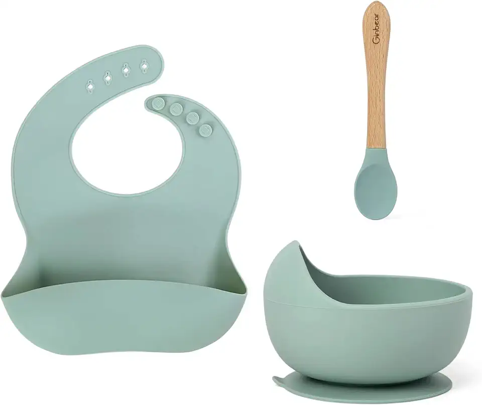 Ginbear Baby Bowls with Suction, Silicone Bibs, Baby Spoons, Baby Led Weaning Supplies, Toddler Feeding Set for Ages 6 Months+ (Hazy Green)