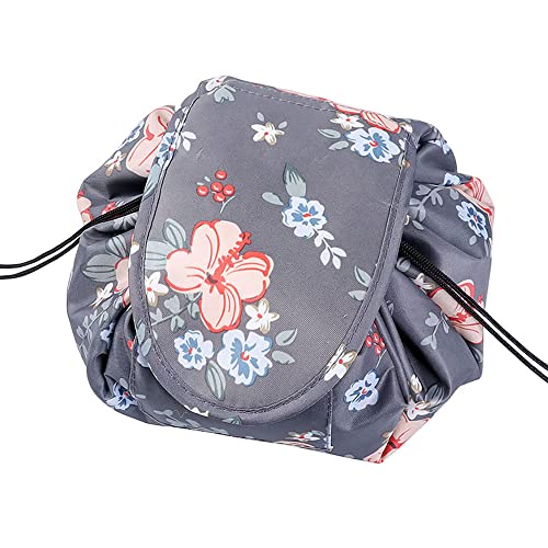 Drawstring Cosmetic Bag, Portable Cosmetic Bag, Large-Capacity Cosmetic Storage Bag, Suitable for Daily Use and Travel Cosmetic Storage Bag (Grey Flower)