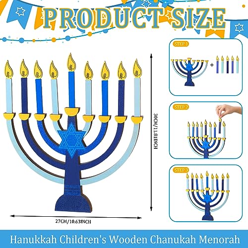 Layhit Hanukkah Menorah with Removable Wooden Candles Wooden Chanukah Menorah for Kids Baby Hanukkah Gifts Jewish Holiday Party Favors Centerpiece Decorations (Blue)