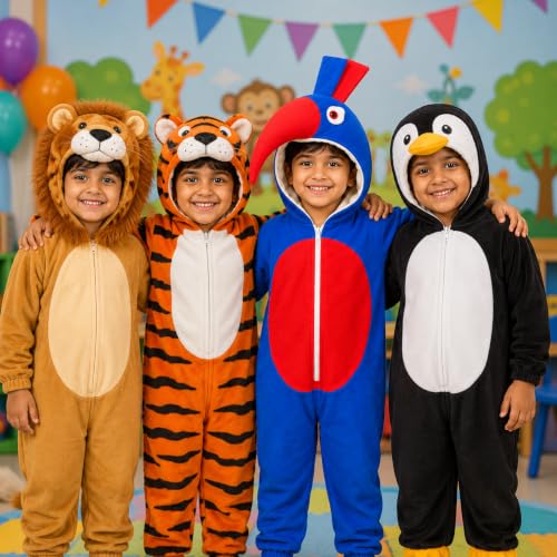 Image of Raj Costume Animal Fancy Dress Costume for Boys & Girls | Hooded Full Body Wildlife Zoo Animal Jumpsuit | Soft Costume for School Function, Fancy Dress, Halloween, Birthday, Cosplay & Role Play