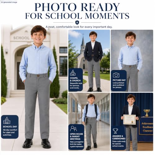 Image of Bienzoe Boys School Uniform Pants: Adjustable Waist Flat Front | Students Ages 6-13, Classroom Days, Picture Day, Awards, Open House, Chapel, Family Events, Lean-To-Regular Builds, Neat Look