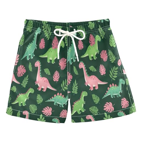 Kids Swim Shorts, Anti Chafe Swim Trunks Boys 2 T, Playful Dinosaurs Green Pink