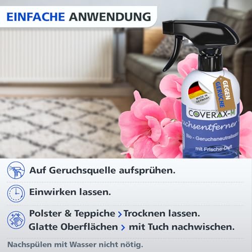 Coverax BIO Geruchsentferner mit angenehmem Duft I Enzymreiniger & Geruchsneutralisierer I Katzenurin, Hundeurin, strenge Gerüche entfernen auf Couch, Auto, Teppich I Geruchsneutralisierer Spray 500ml
