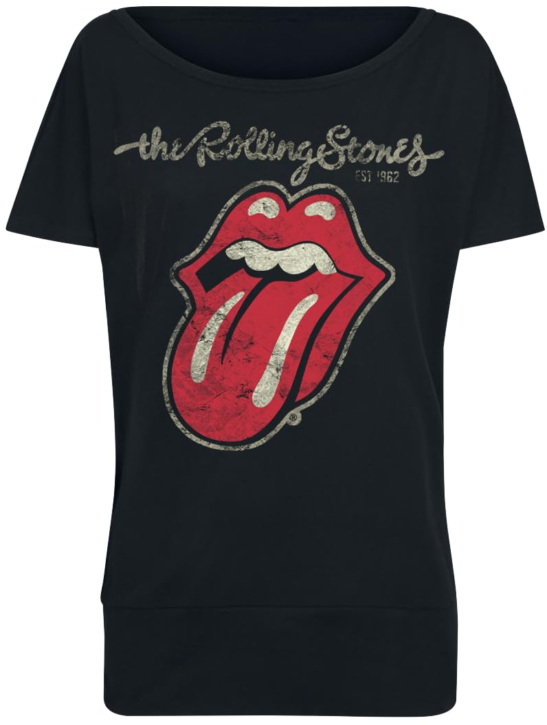 The Rolling Stones Langue Usée Femme T-Shirt Manches Courtes Noir Regular/Coupe Standard
