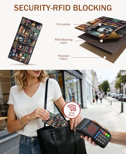 Image of Immaturus Womens Wallet, Goth Skull Bookshelf Slim Thin RFID Blocking Credit Card Wallets, Long Bifold PU Leather Card Holder Organizer, Cash Clutch Billfold with Zipper Coin Pocket Ladies Girls Gift