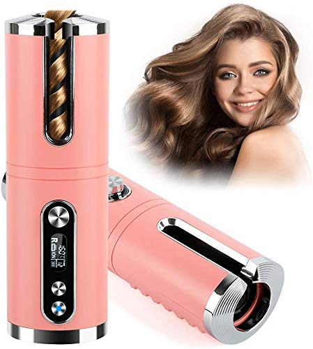 Cordless Auto Curler, Auto Curlers Wand, Auto Hair Curler with LCD Temperature Display and Timer, Auto Shut-Off Portable Curling Wand,USB Rechargeable Travel Curling Iron(Pink)