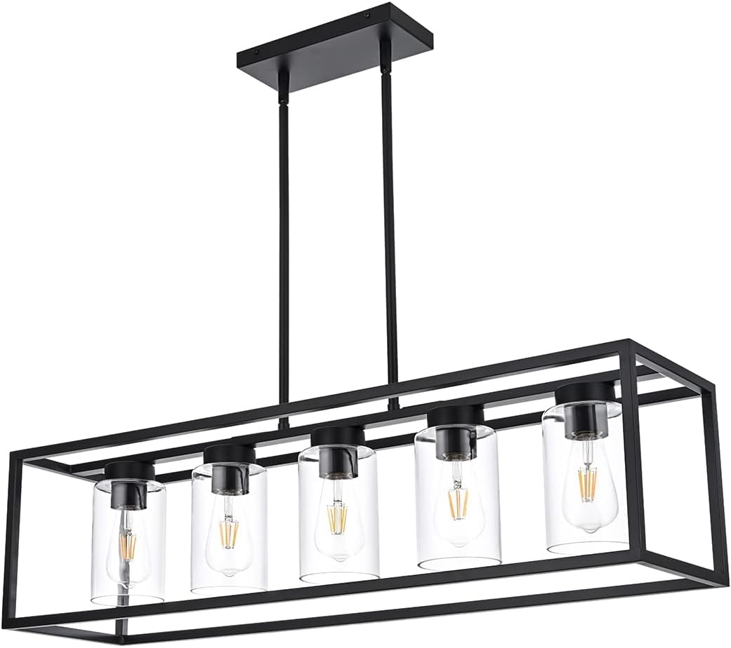 A1A9 Farmhouse Chandeliers for Kitchen Island, Matte Black Dining Room Lighting Fixture, Modern Rectangular Pendant Lights Chandelier with Clear Glass Shade (Black, 5-Lights)