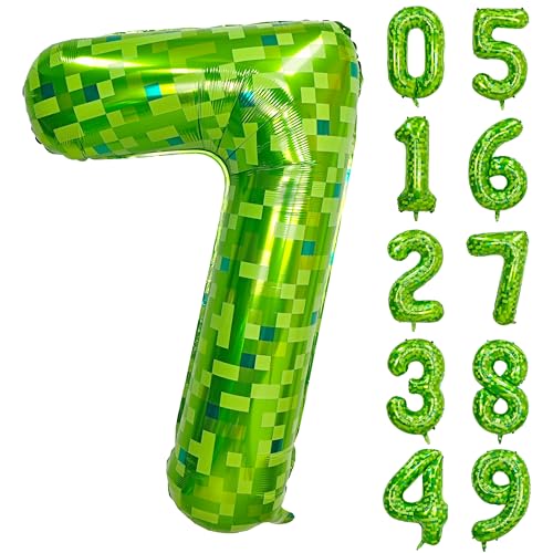 Image of 40 inch giant Green pixel miner game number 7 balloon | Large mining theme foil balloon 0-9 for pixel game parties children's birthdays party anniversary baby shower decoration