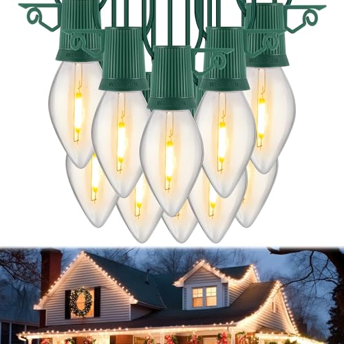 Hohean 50 FT C9 LED Christmas Lights Outdoor With Clips, Large Bulb String Lights, Warm White Roofline Lights for House and Garden Xmas Decoration