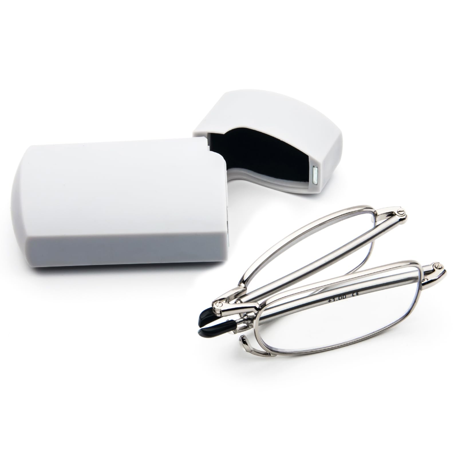 KoKoBin Faltbare Lesebrille aus Edelstahl Mini Anti-Blau Sehnhilfe für Damen und Herren Lesehilfe mit Hartschalen-Etui(Silber，+2.0)