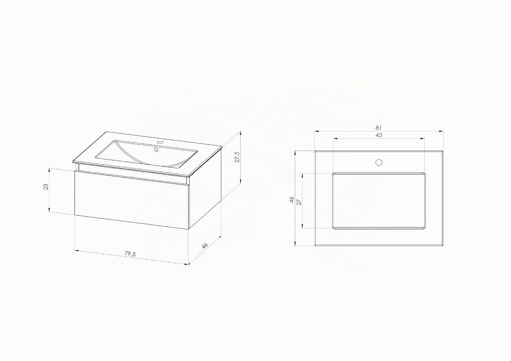 BELLOBATH Mueble Baño Suspendido 80 cm Blanco, Encimera y Espejo