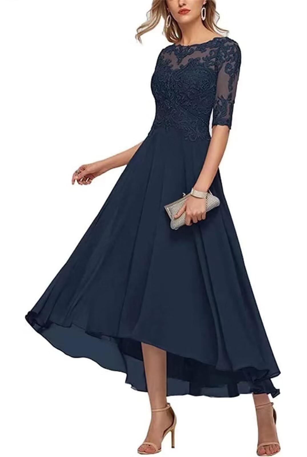 KIYNE Tea Length Mother of The Bride Dresses for Women Lace Applique Chiffon Formal Dress Navy Blue Chiffon Evening Party Gown UK16