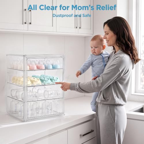 Image of HBlife Baby Bottle Storage Organizer for Countertop Cabinet, 4 Tiers Adjustable Clear Acrylic Bottles Storage Station Case Box Container with 3 Removable Dividers and Magnetic Door, X-Large